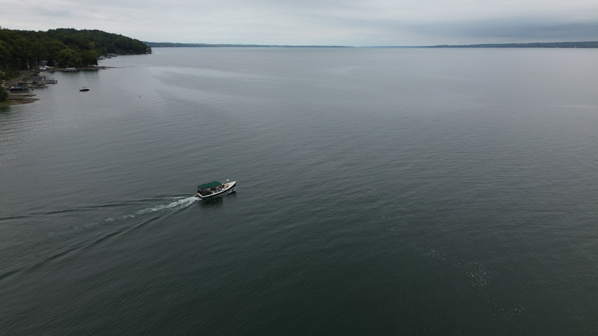 The Isle of Skye cruising across Cayuga Lake, seen from above